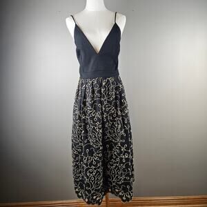Maeve Anthropologie Black Gold Embroidered Midi Dress Spaghetti Strap M